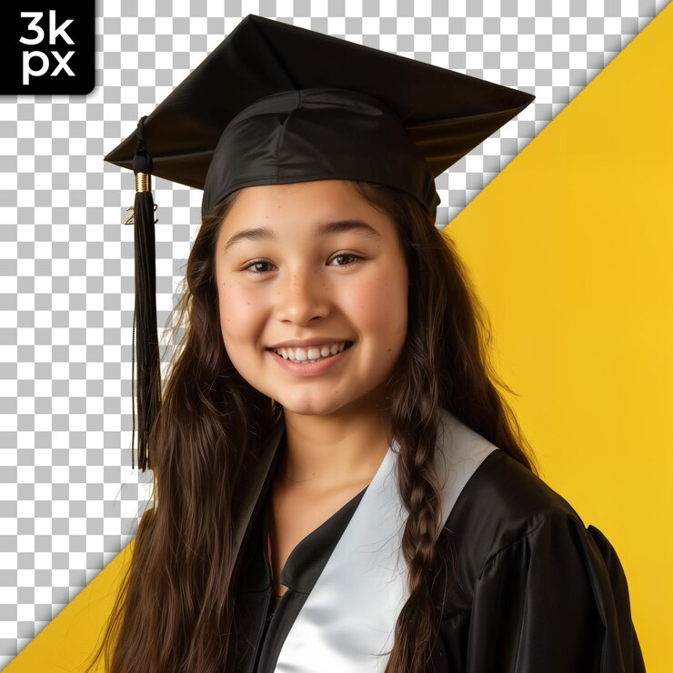 PSD uma menina vestindo um boné de formatura e vestido com as letras lg na parte superior