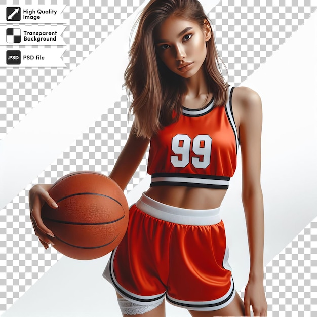 PSD uma menina vestindo um uniforme de basquete laranja com o número 99 nele