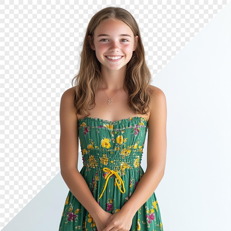 PSD uma menina vestindo um vestido verde com flores amarelas