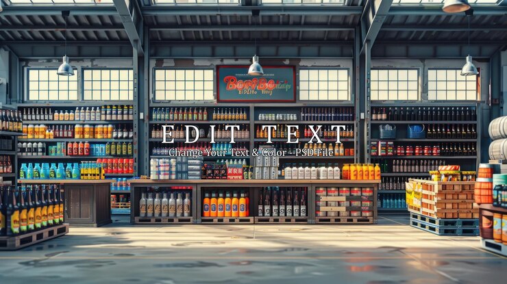 PSD uma mercearia bem abastecida com prateleiras cheias de várias bebidas e produtos a loja tem um design industrial rústico e um balcão de madeira na frente