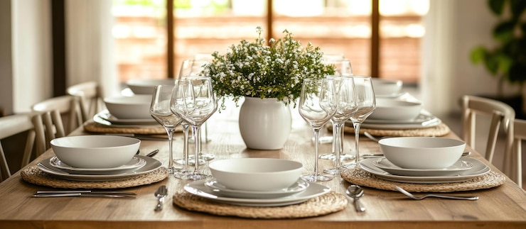 PSD uma mesa bonita com pratos brancos, copos de vinho e tapetes tecidos em uma mesa de madeira