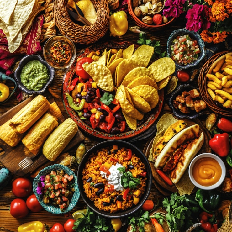 PSD uma mesa com muitos alimentos diferentes, incluindo chips de taco e salsa