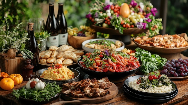 PSD uma mesa de buffet abundante com vários pratos, vinho e produtos frescos