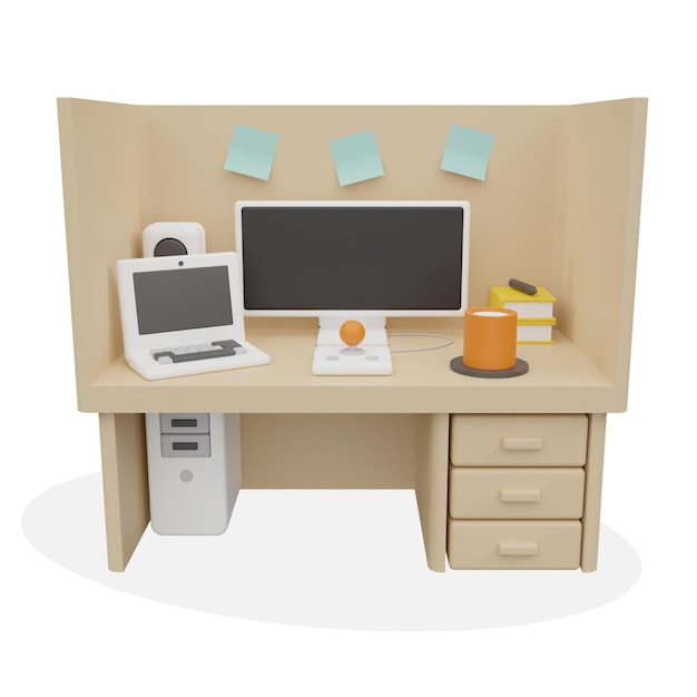 uma mesa de computador com um monitor e postar anotações sobre ele