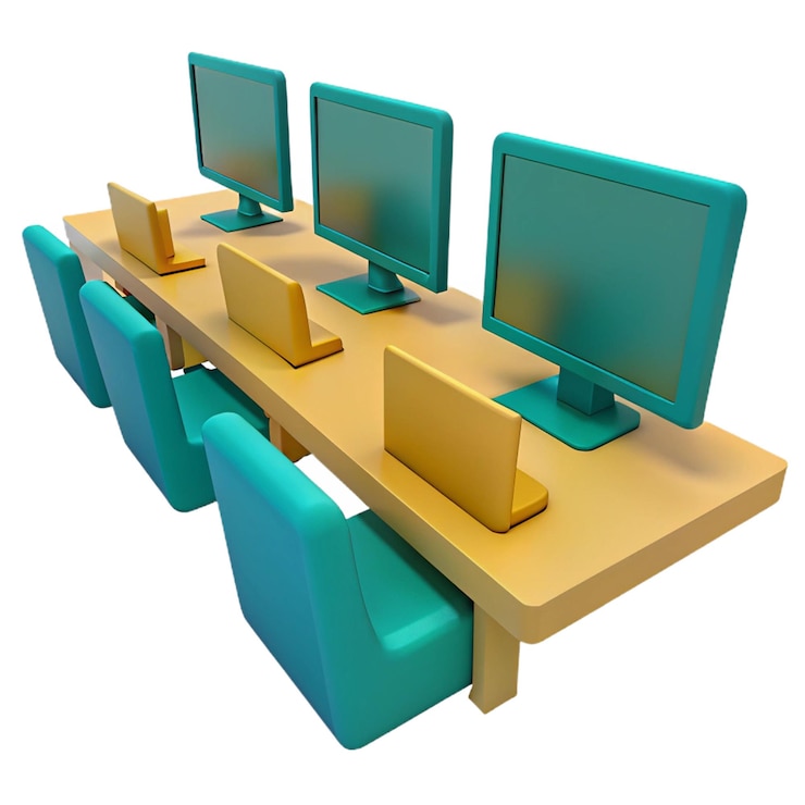 PSD uma mesa de computador com uma fileira de monitores sobre ela