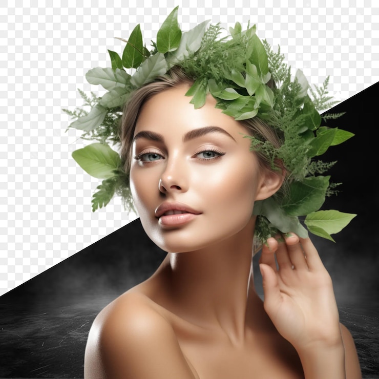 PSD uma modelo com uma coroa verde na cabeça