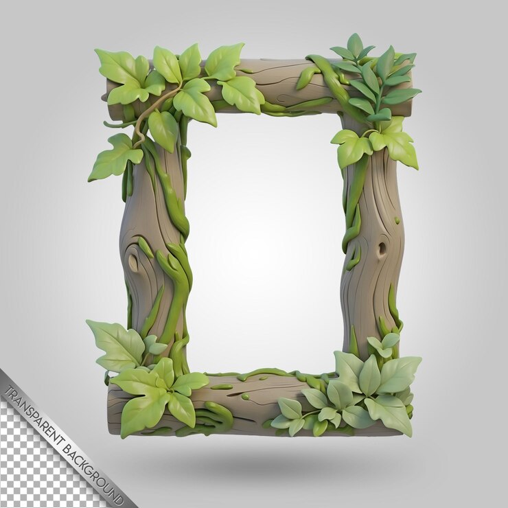 PSD uma moldura de madeira com uma planta sobre ela e um fundo branco com uma moldura