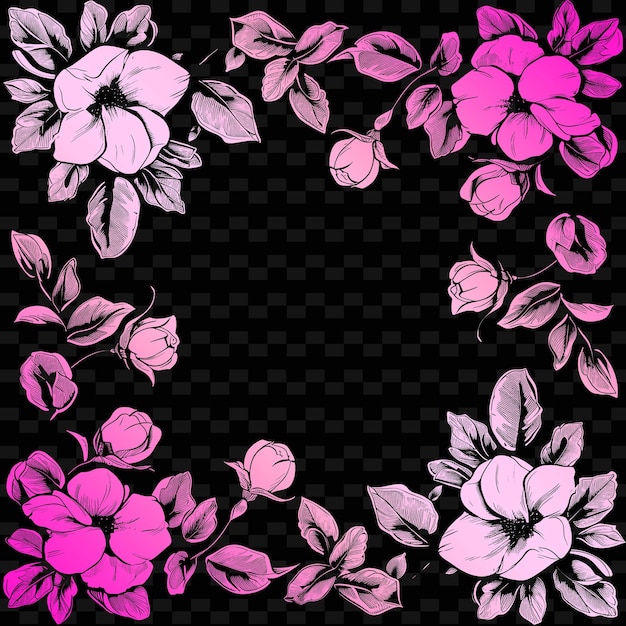 PSD uma moldura redonda com flores e folhas cor-de-rosa em um fundo preto