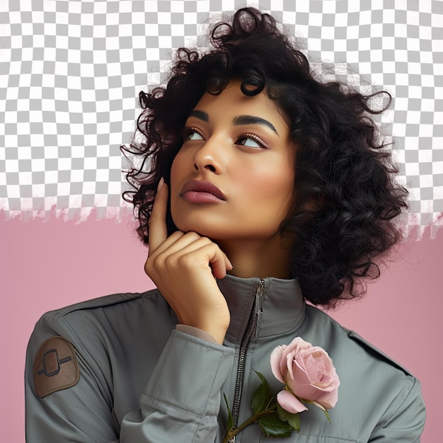 PSD uma mourning young adult woman com kinky hair da etnia escandinava vestida com trajes de engenheiro aeroespacial posa em um olhar pensativo com o dedo nos lábios contra um bac pastel rose