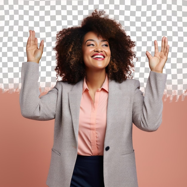 Uma mulher adulta ansiosa com cabelos encaracolados da etnia africana vestida com trajes de consultor de gestão posa em um estilo de pé com os braços levantados contra um fundo de coral pastel