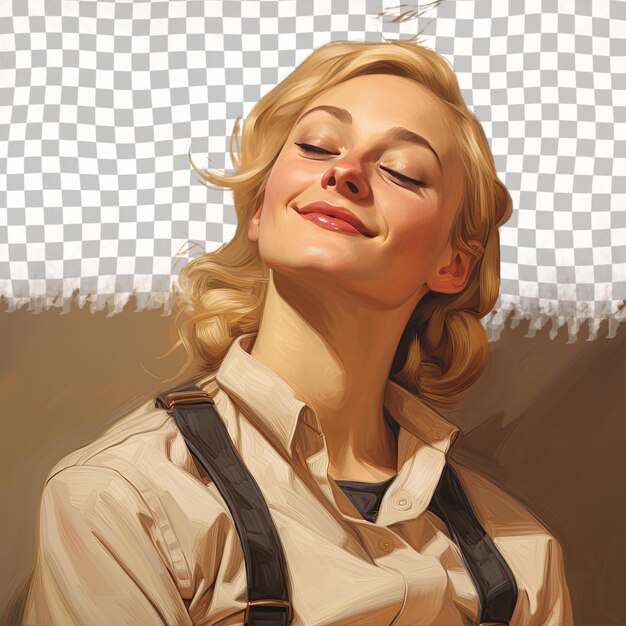 PSD uma mulher adulta arrependida com cabelo loiro da etnia nórdica vestida com trajes de mineiro posa em um estilo de olhos fechados com um sorriso contra um fundo de creme pastel