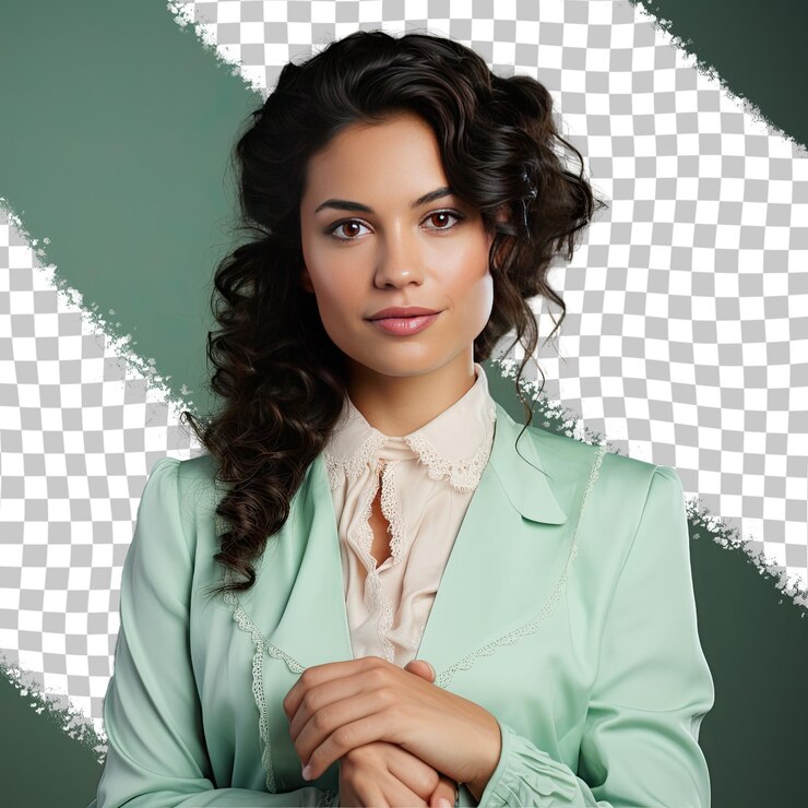 PSD uma mulher adulta confiante com cabelos ondulados da etnia mongol vestida com trajes paralegal posa em um estilo close up of hands contra um fundo de menta pastel