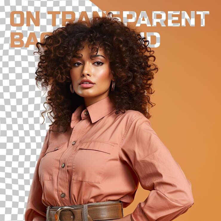 PSD uma mulher adulta curiosa com cabelo encaracolado da etnia afro-americana vestida com trajes forester posa no estilo chin on hand contra um fundo de pêssego pastel