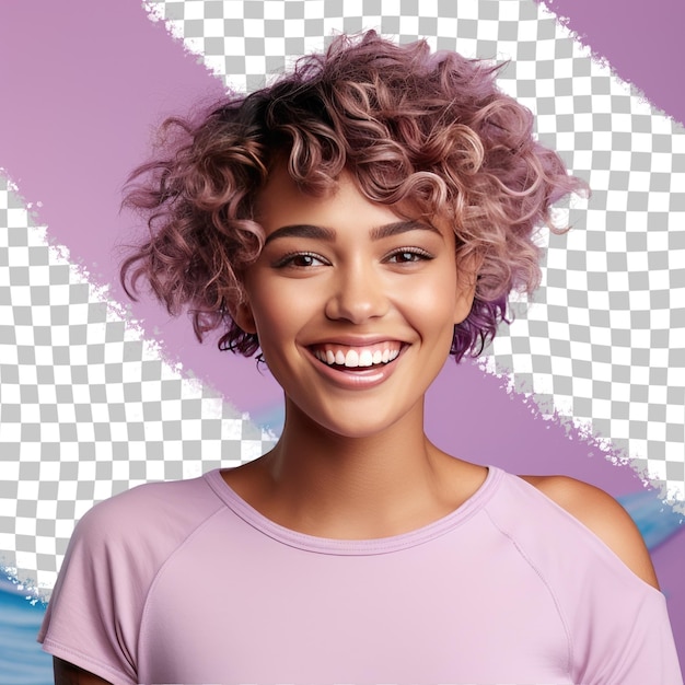 Uma mulher adulta divertida com cabelo curto da etnia das ilhas do pacífico vestida com roupas de ondas de surf posa com os olhos para baixo com um estilo de sorriso contra um fundo pastel mauve