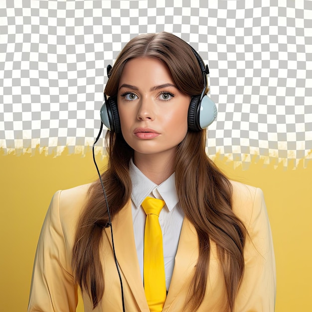 PSD uma mulher adulta entediada com cabelos longos da etnia escandinava vestida com roupas representativas do call center posa em um estilo casual hair tug contra um fundo amarelo pastel