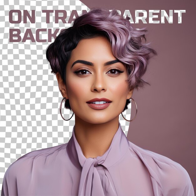 PSD uma mulher adulta inveja com cabelo curto da etnia da ásia ocidental vestida com trajes de curador posa em um estilo intense direct gaze contra um fundo pastel lavender