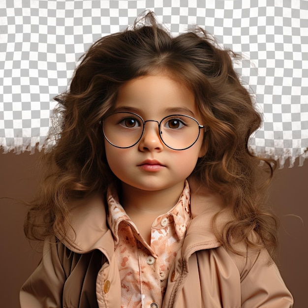 PSD uma mulher amused toddler com cabelo longo da etnia nórdica vestida com trajes de coreógrafo posa em um estilo focused gaze com óculos contra um fundo beige pastel