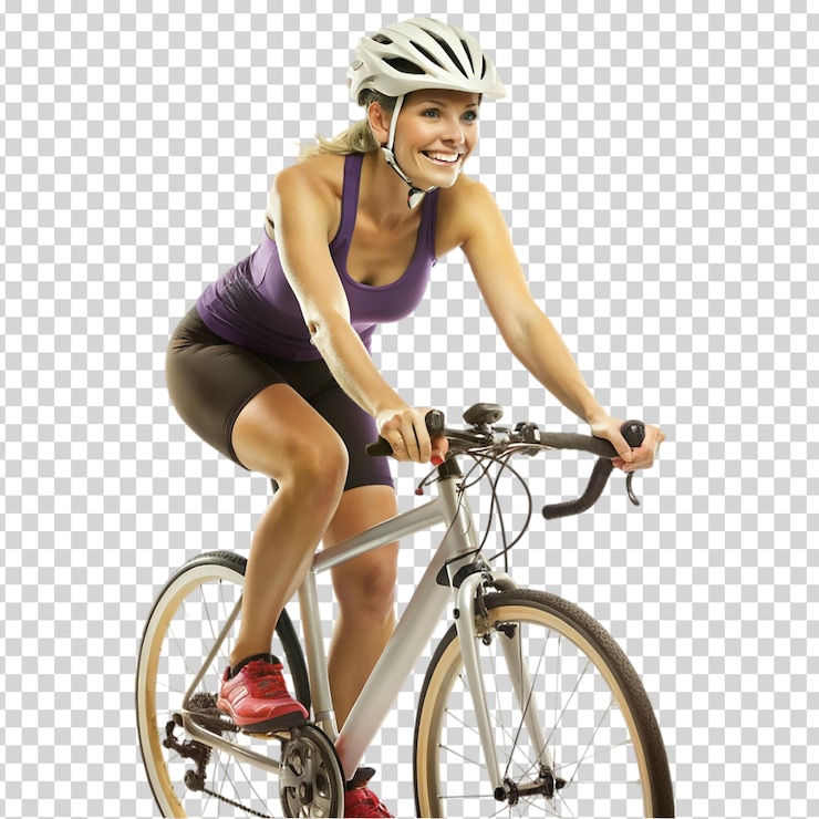 PSD uma mulher andando de bicicleta e sorrindo em um fundo transparente