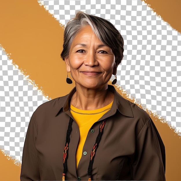 PSD uma mulher ansiosa de meia-idade com cabelo curto da etnia nativa americana vestida com trajes de geógrafo posa em um estilo casual hair tug contra um fundo amarelo pastel