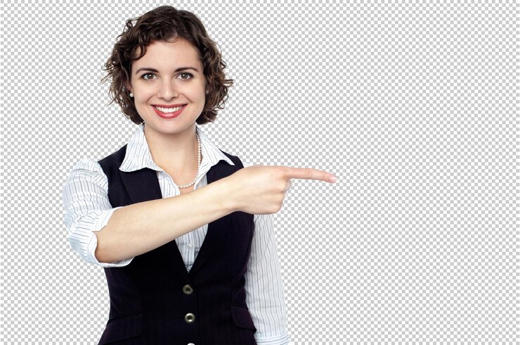 PSD uma mulher apontando para uma foto com o polegar para cima