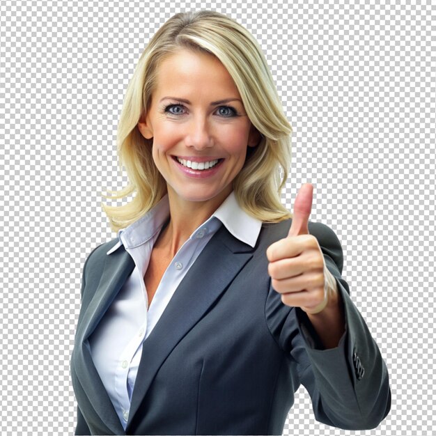Uma mulher bonita vestindo um pano de negócios e mostra ok pose em fundo transparente