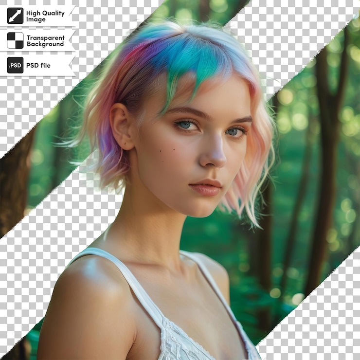 PSD uma mulher com cabelo azul e rosa está de pé na frente de um modelo