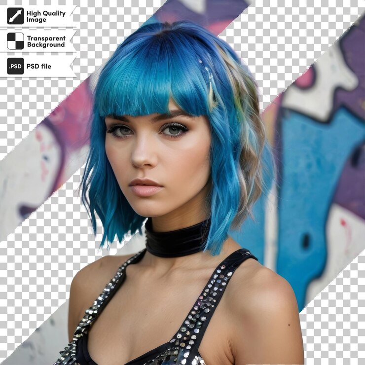 PSD uma mulher com cabelo azul e um cinto preto está de pé na frente de uma parede de graffiti