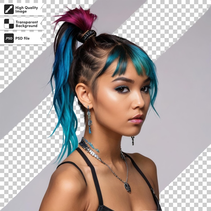 PSD uma mulher com cabelo azul e um colar com uma parte superior preta que diz citação a palavra citação sobre ele