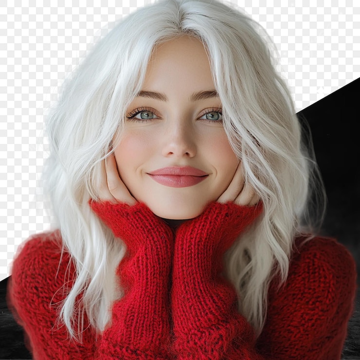 PSD uma mulher com cabelo branco e luvas vermelhas está sorrindo