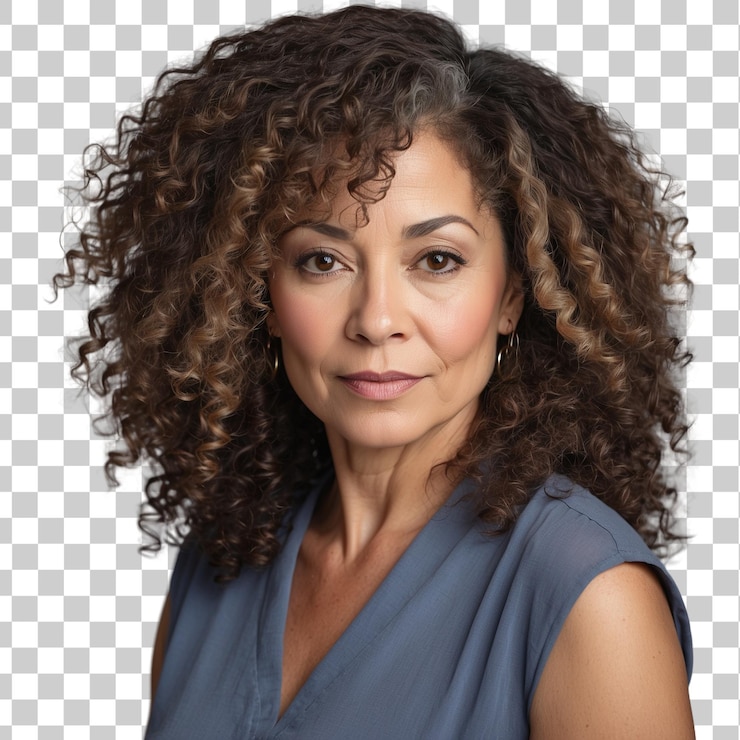 PSD uma mulher com cabelo encaracolado e um vestido azul está de pé na frente de um fundo branco