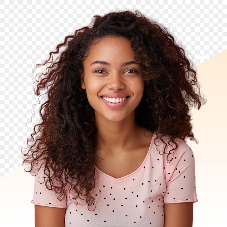 PSD uma mulher com cabelo encaracolado e uma camisa rosa com pontos pretos
