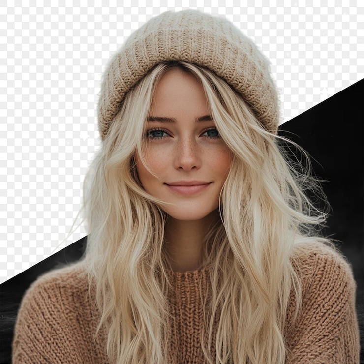 PSD uma mulher com cabelo loiro e um chapéu de tricô está posando