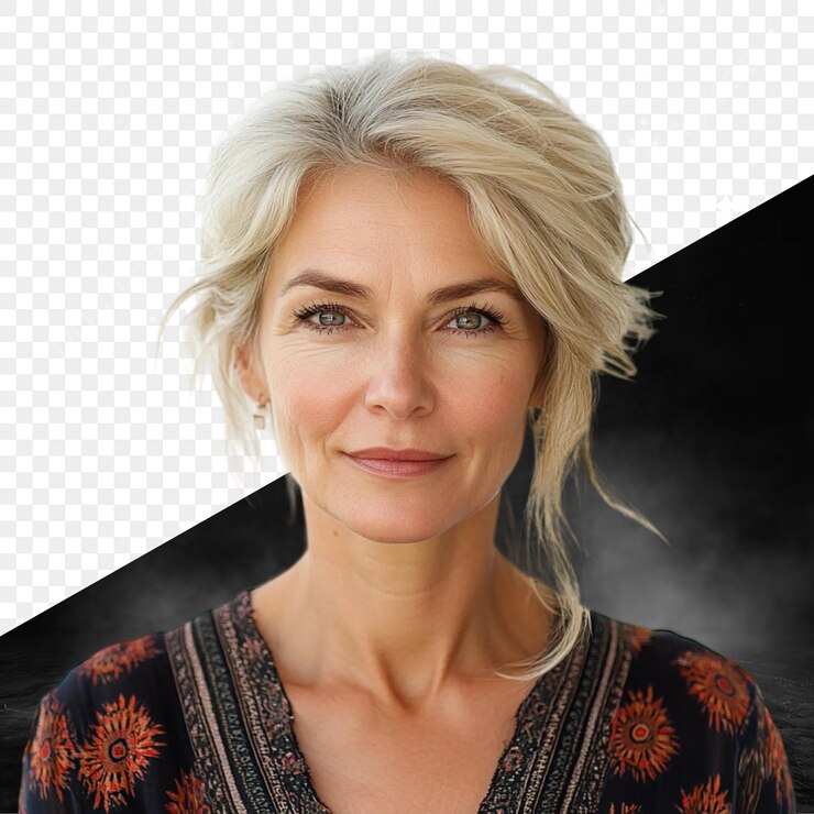 PSD uma mulher com cabelo loiro e um fundo preto com um fundo preto