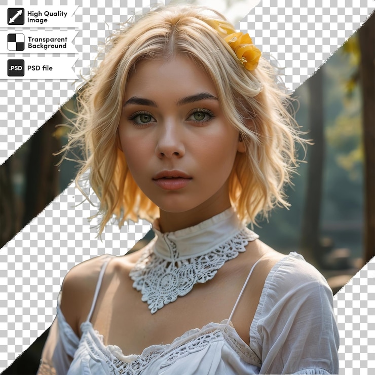 PSD uma mulher com cabelo loiro e um topo branco com uma flor amarela no meio