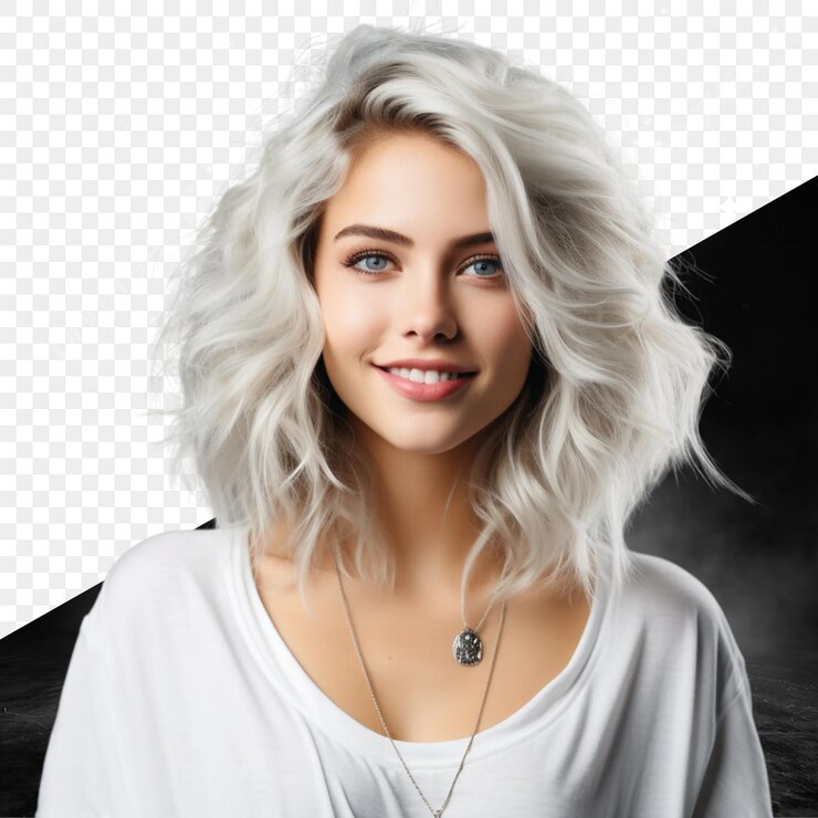PSD uma mulher com cabelo loiro e uma camisa branca está de pé na frente de um fundo preto