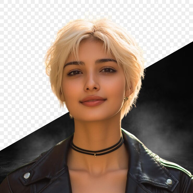 PSD uma mulher com cabelo loiro e uma jaqueta preta na frente