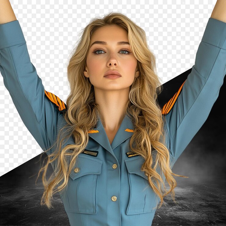 PSD uma mulher com cabelo loiro e uniforme azul com as palavras " ela está posando "