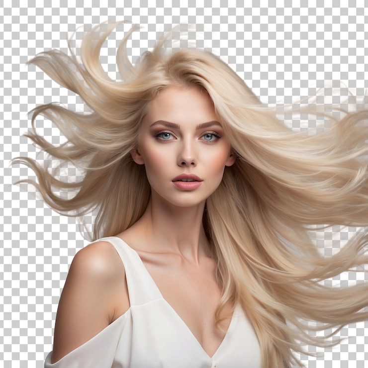 PSD uma mulher com cabelo loiro está de pé na frente de uma grade que tem a imagem de um cabelo loiro soprando