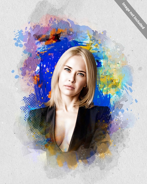uma mulher com cabelo loiro está em uma jaqueta preta e um fundo azul e roxo