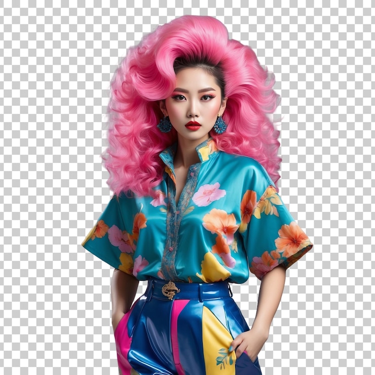 PSD uma mulher com cabelo rosa e um vestido azul com flores