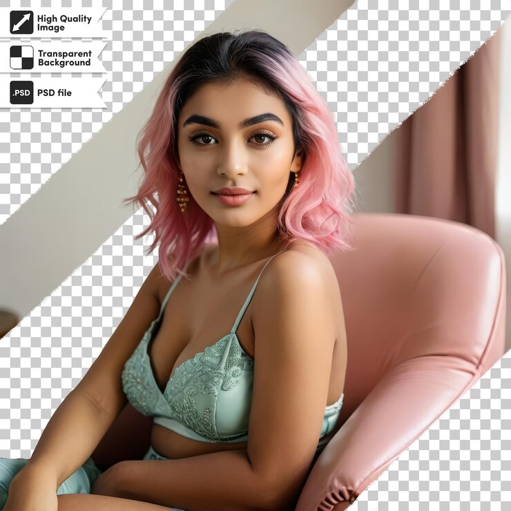 PSD uma mulher com cabelo rosa senta-se numa cadeira