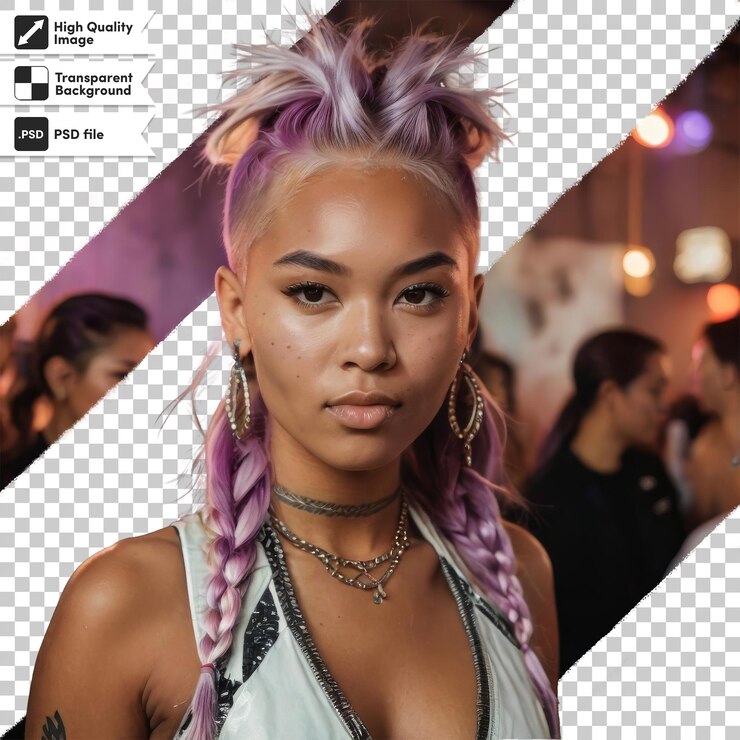 PSD uma mulher com cabelo roxo e um clipe de cabelo trançado