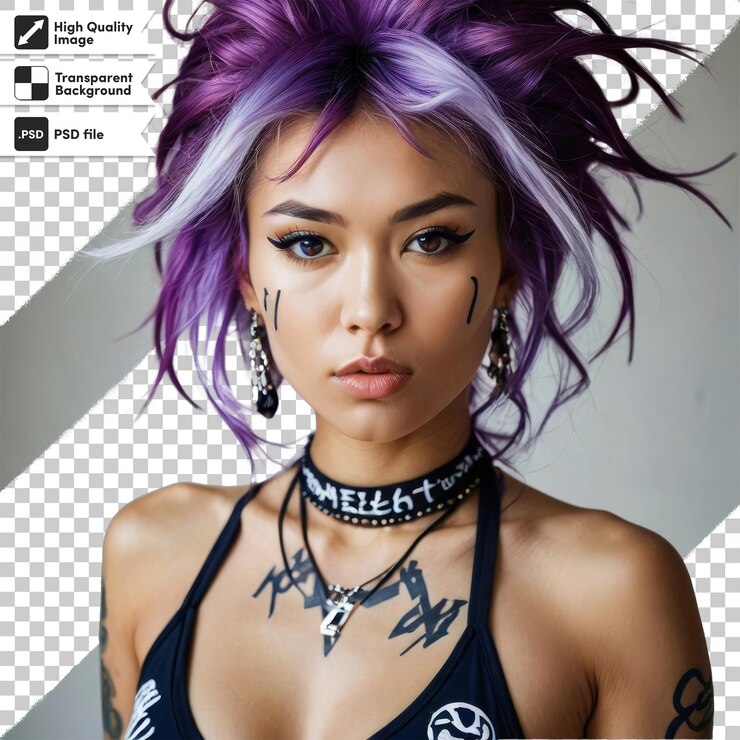 PSD uma mulher com cabelo roxo e um sutiã preto no peito