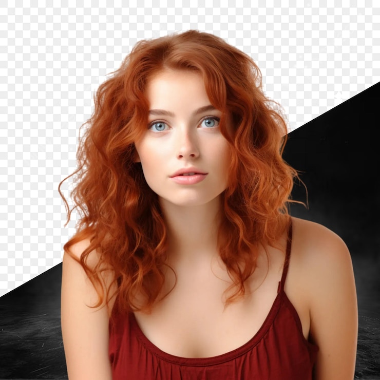 PSD uma mulher com cabelo vermelho e um fundo preto com um quadrado preto à esquerda