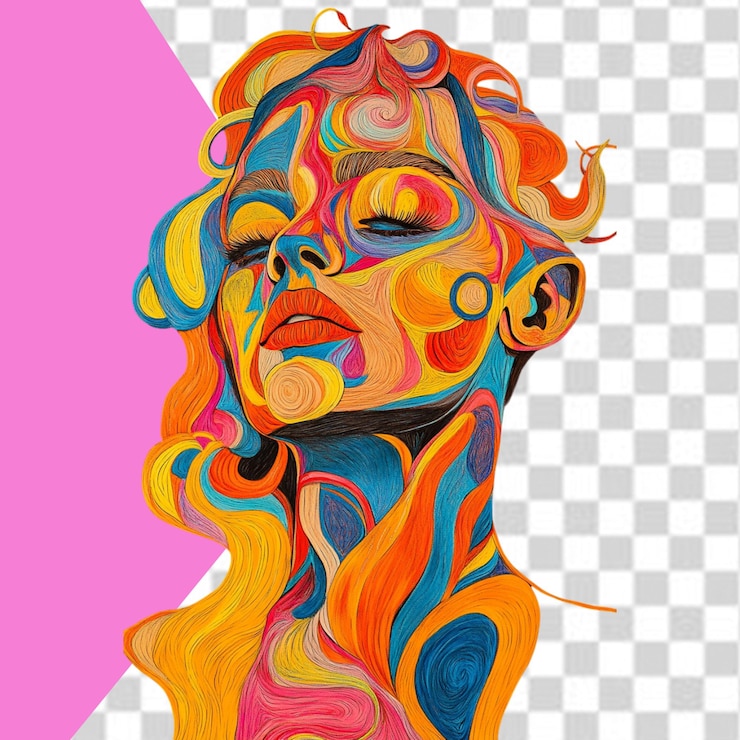 PSD uma mulher com cabelos coloridos e uma imagem rosa e amarela de uma mulher com a palavra ela é
