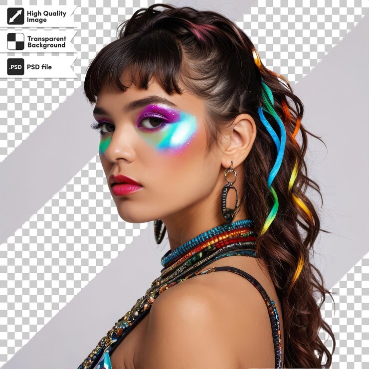 PSD uma mulher com cabelos de cor arco-íris e uma sombra de olhos colorida