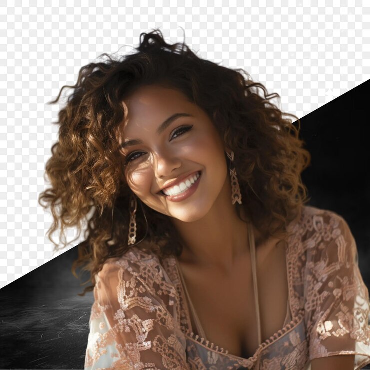 PSD uma mulher com cabelos encaracolados sorri na frente de uma grade que diz "ela está sorrindo"