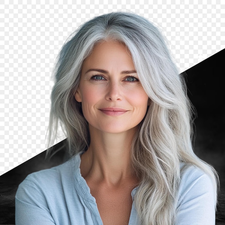 PSD uma mulher com cabelos grisalhos e uma camisa azul está sorrindo