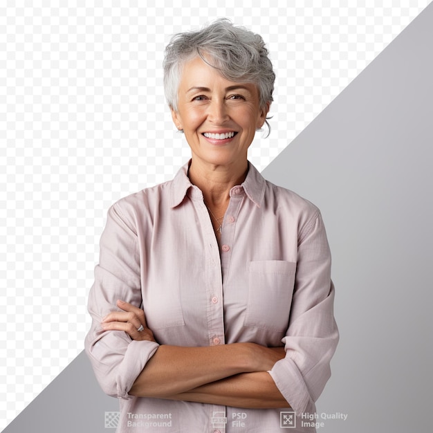 Uma mulher com cabelos grisalhos e uma camisa rosa com as palavras 