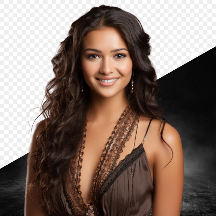 PSD uma mulher com cabelos longos e um vestido castanho com fundo preto e branco